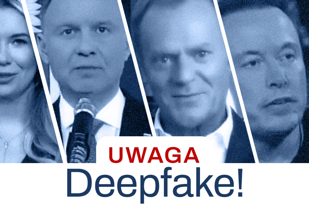Obraz przedstawia kolaż czterech twarzy m. in. Donald Tusk, Elon Musk, każda oddzielona ukośnymi liniami, z zastosowanym niebieskim filtrem. Poniżej twarzy znajduje się duży czerwony napis „UWAGA” oraz czarny napis „Deepfake!”, wskazujący na ostrzeżenie przed wykorzystaniem lub obecnością technologii deepfake.