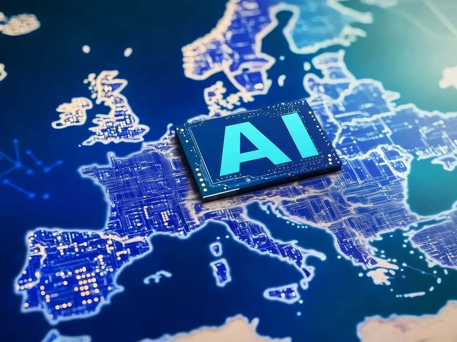 Ilustracja przedstawia mapę Europy w odcieniach niebieskiego z naniesionymi schematami obwodów elektronicznych, symbolizującymi cyfryzację. Na środku mapy, na obszarze Europy Zachodniej, znajduje się stylizowany układ scalony z dużym napisem "AI", co symbolizuje rozwój sztucznej inteligencji w Europie.