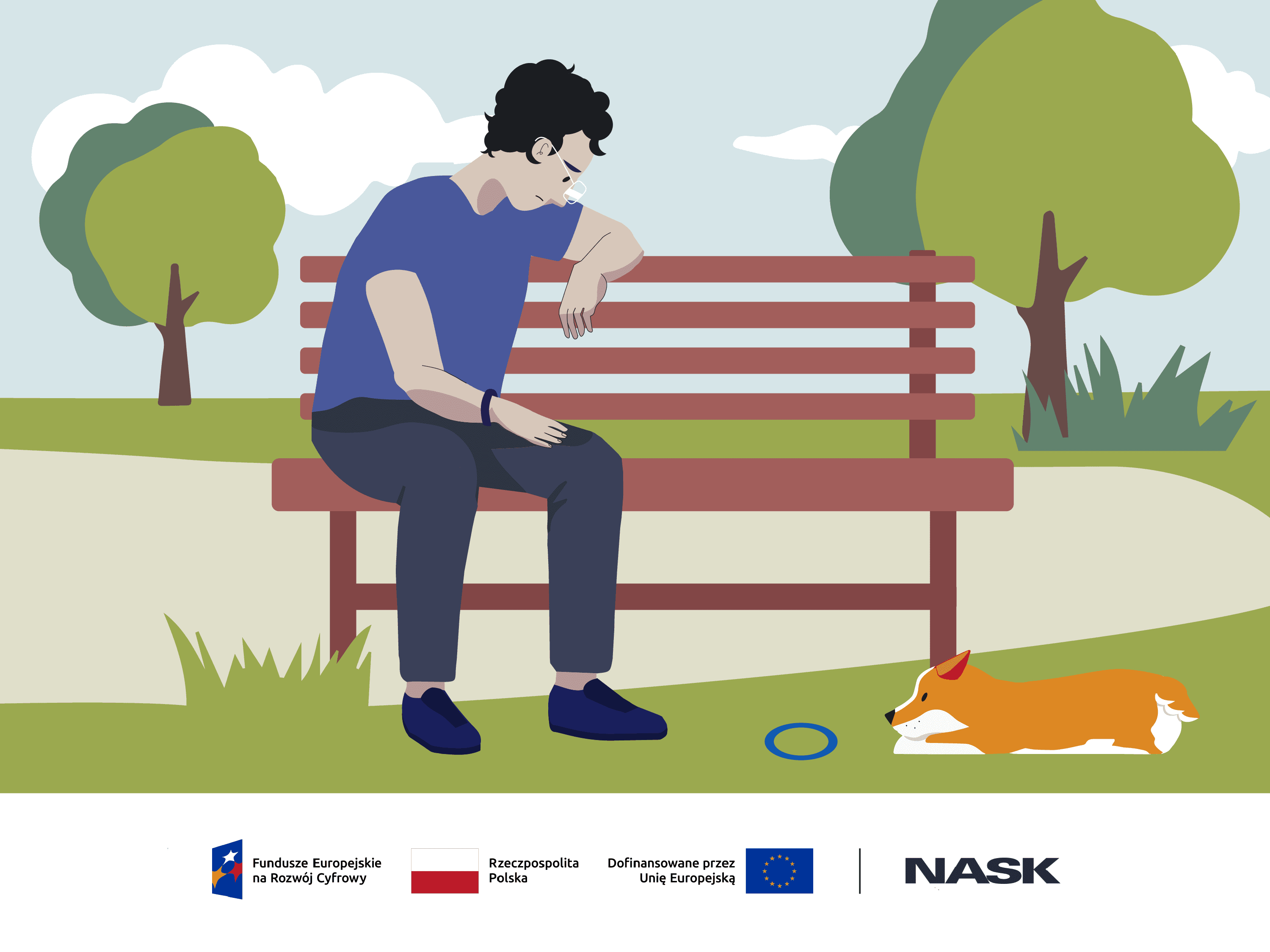 Mężczyzna siedzi na ławce w parku - komiks