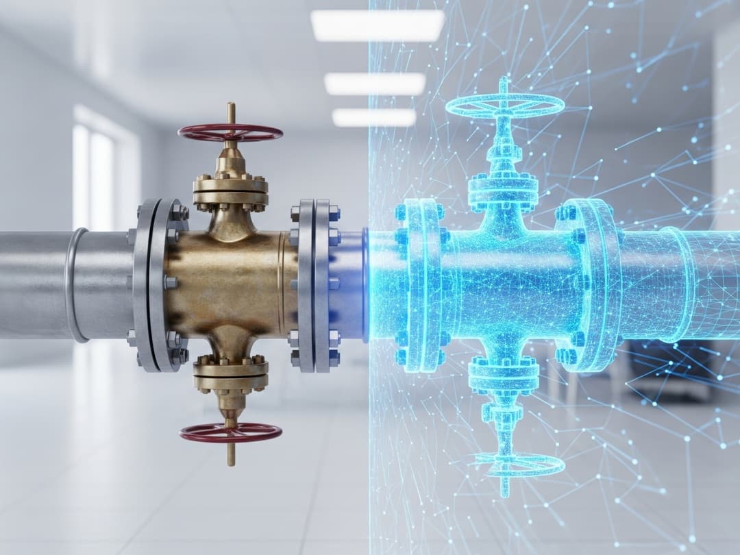 Obraz przedstawia metalowy zawór po lewej stronie oraz jego cyfrową reprezentację po prawej stronie. Cyfrowa wersja zaworu jest niebieska i otoczona siatką linii, co symbolizuje technologię i dane.