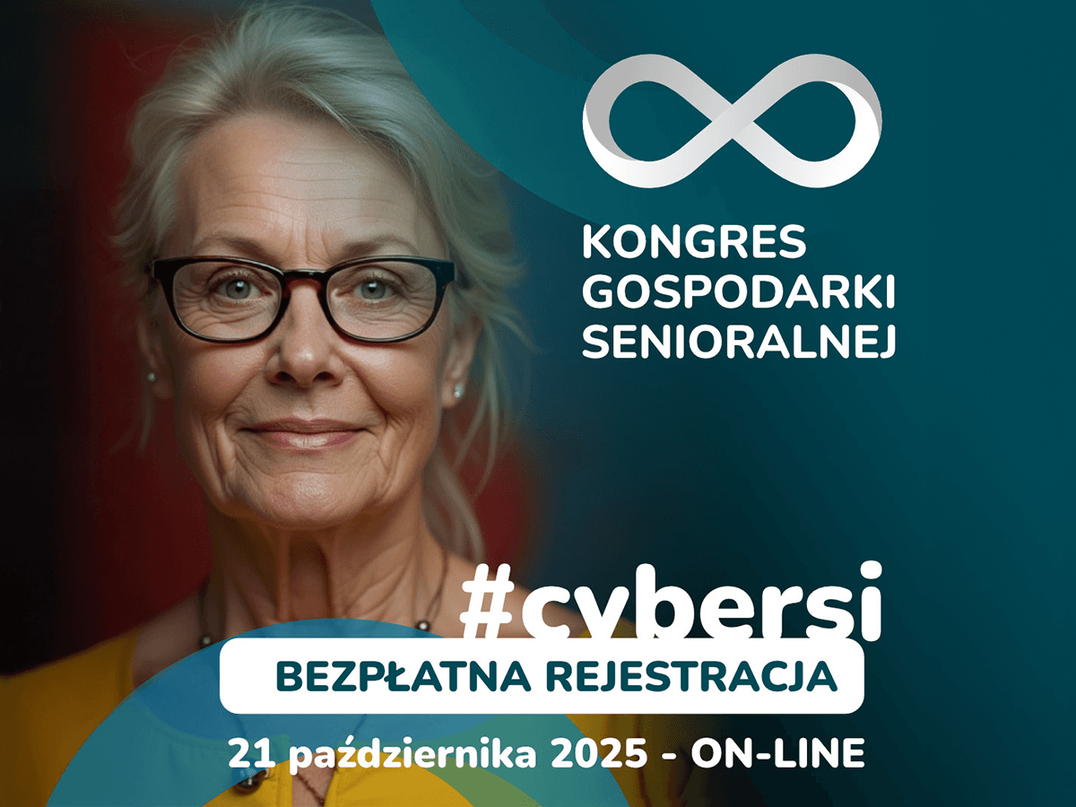 Uśmiechnięta starsza kobieta w okularach na tle grafiki promującej IX Kongres Gospodarki Senioralnej #cybersi z informacją o bezpłatnej rejestracji na wydarzenie online 21 października 2025 roku.
