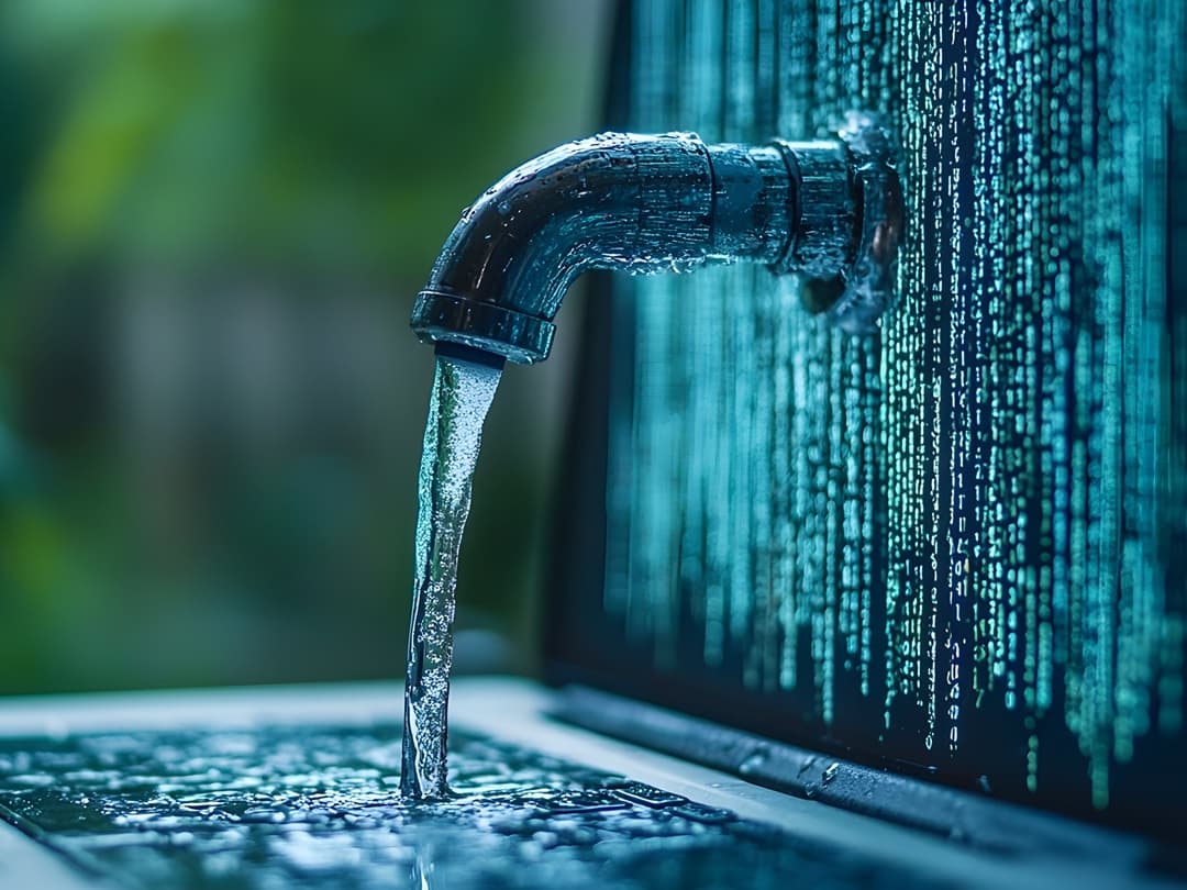 Z kranu umieszczonego na ekranie komputera wypływa strumień wody, zalewając klawiaturę. Na ekranie widoczne są cyfry i dane w formie kodu binarnego. Obraz symbolizuje wyciek danych lub naruszenie bezpieczeństwa informacji.