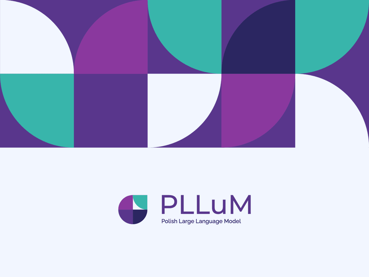 Grafika promująca model językowy PLLuM. Na górze znajdują się geometryczne kształty w kolorach fioletu, turkusu i bieli. Na dole widnieje logo PLLuM wraz z napisem „Polish Large Language Model”.