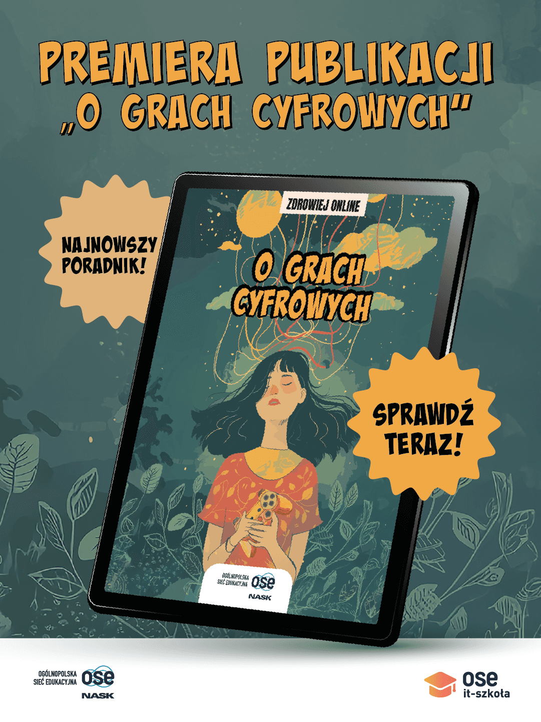 Grafika przedstawiająca okładkę poradnika - dziewczynka z rozpuszczonymi włosami z telefonem w ręku.