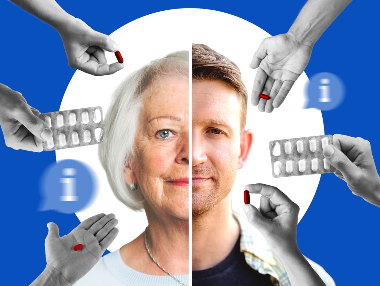 Twarz mężczyzny i twarz kobiety na tle rąk z tabletkami i blistrami
