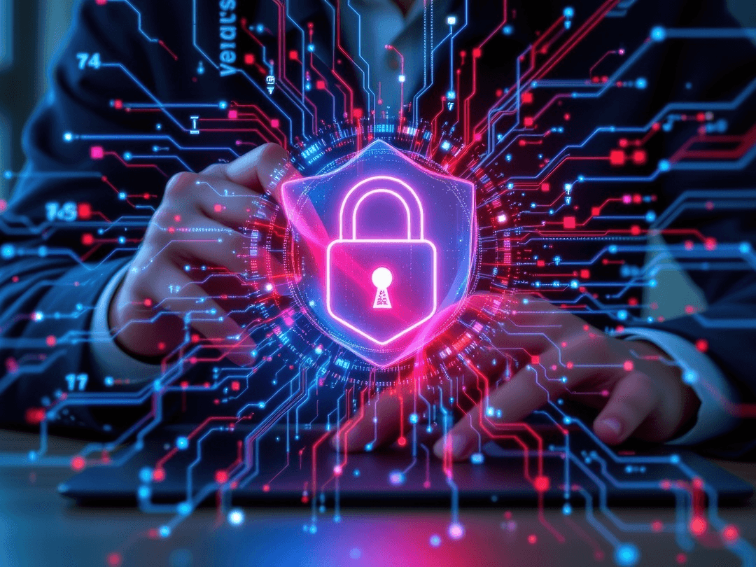 Grafika przedstawiająca symbol zamkniętej kłódki w cyfrowej tarczy otoczonej neonowymi liniami symbolizującymi sieć i przepływ danych. Motyw ilustruje koncepcję cyberbezpieczeństwa i ochrony informacji.