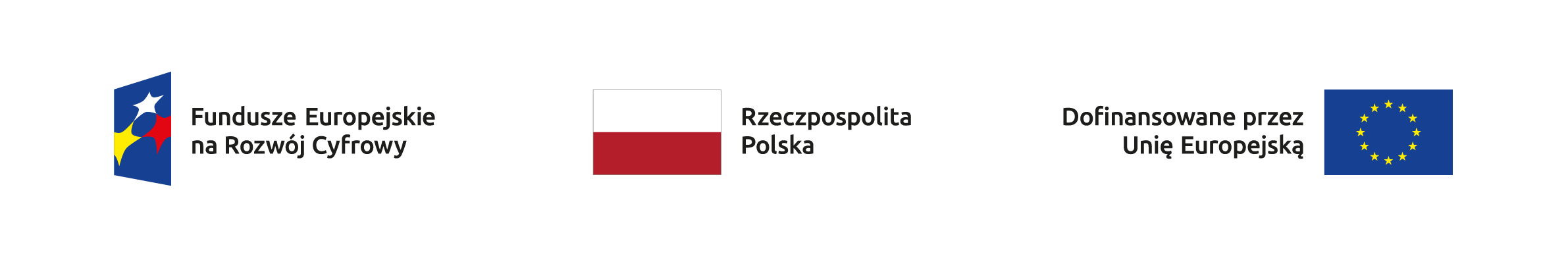 Grafika przedstawia logo Funduszy Europejskich na Rozwój Cyfrowy, flagę Polski z napisem „Rzeczpospolita Polska” oraz flagę Unii Europejskiej z tekstem „Dofinansowane przez Unię Europejską”. Wszystko na białym tle, w prostym i czytelnym układzie.