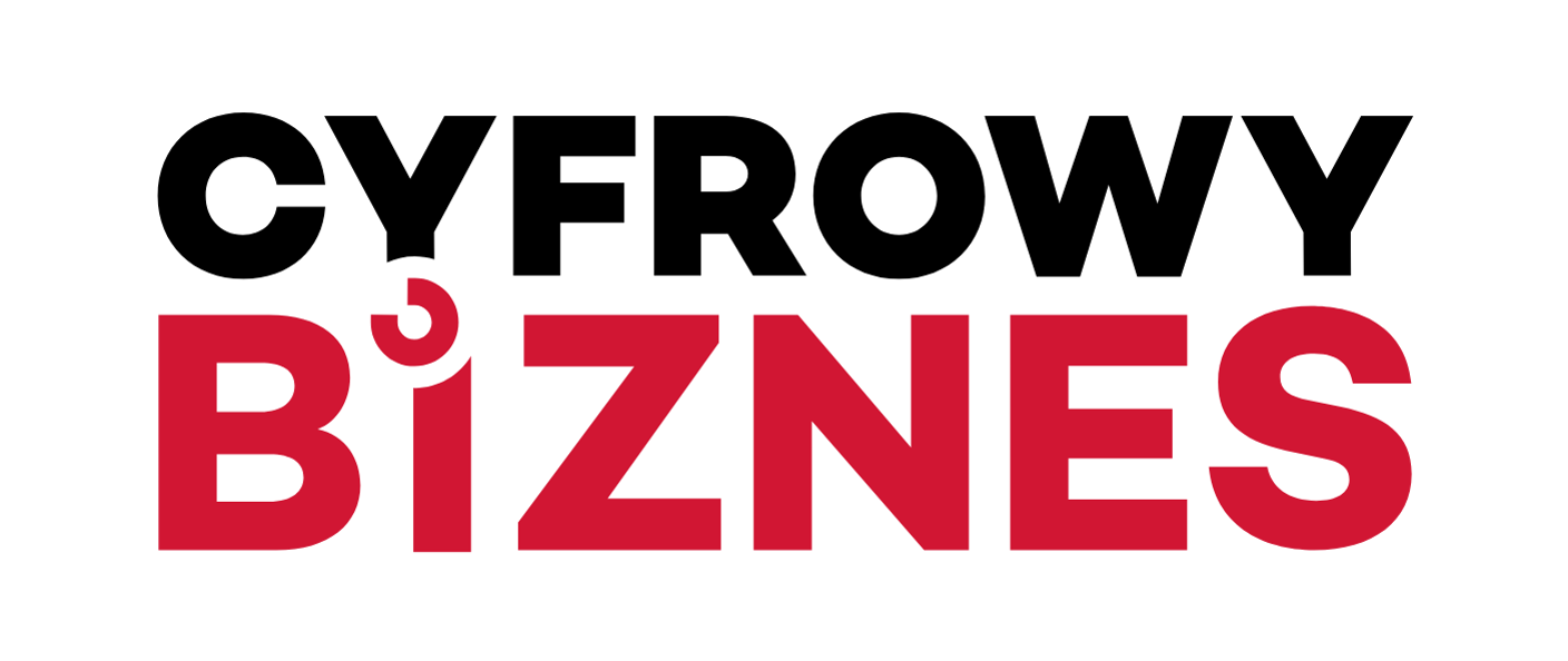 Logo programu „Cyfrowy Biznes” – napis składający się z dwóch słów: „CYFROWY” w kolorze czarnym i „BIZNES” w kolorze czerwonym, z literą „i” stylizowaną na symbol zasilania.