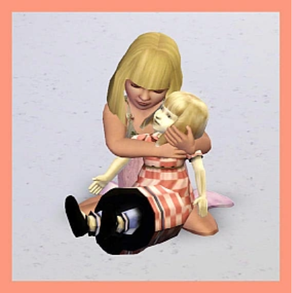 Grafika z dziewczynką, tulącą lalkę.