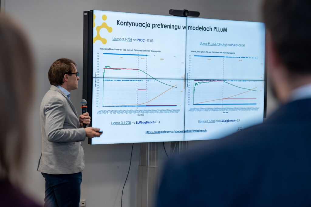 Prelegent z mikrofonem w ręku prezentuje wykresy na slajdzie.