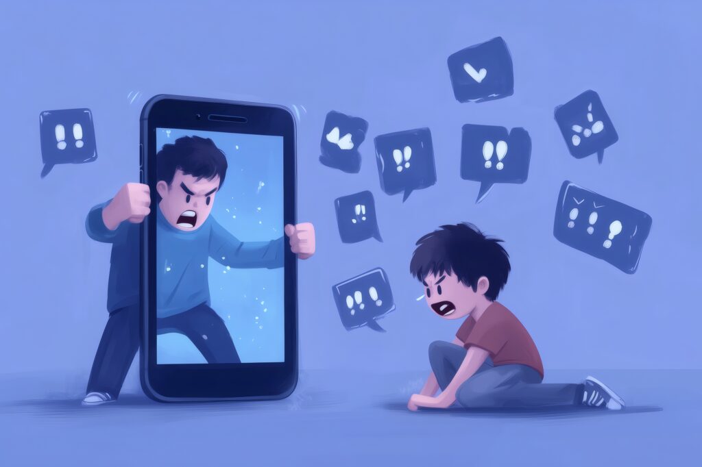 Ilustracja przedstawia dziecko siedzące na podłodze, zastraszane przez agresywną postać wychodzącą z ekranu smartfona, otoczoną ikonami obraźliwych komentarzy.