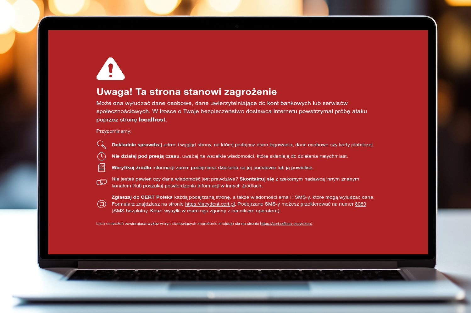 Laptop wyświetla czerwony komunikat ostrzegawczy „Uwaga! Ta strona stanowi zagrożenie” z informacjami o phishingu i zasadach bezpieczeństwa.